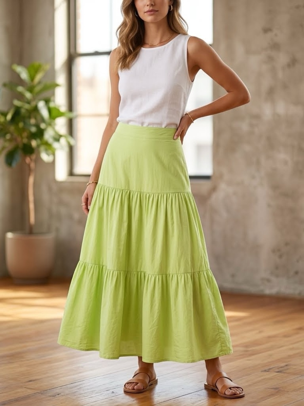 Hapuk Lime Green tiered Boho Maxi Size Small EUC